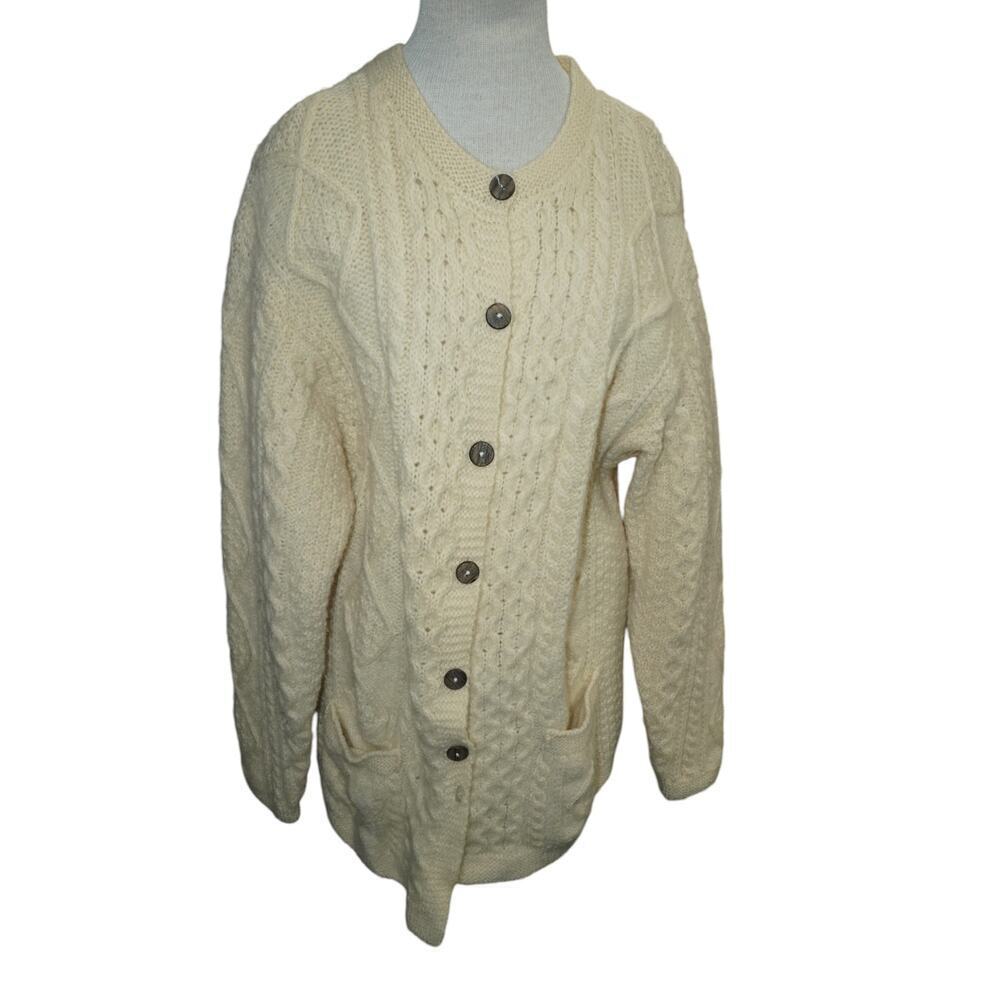 Authentic vintage Aran-style cardigan by Blarney Woollen Mills, made in Ireland.